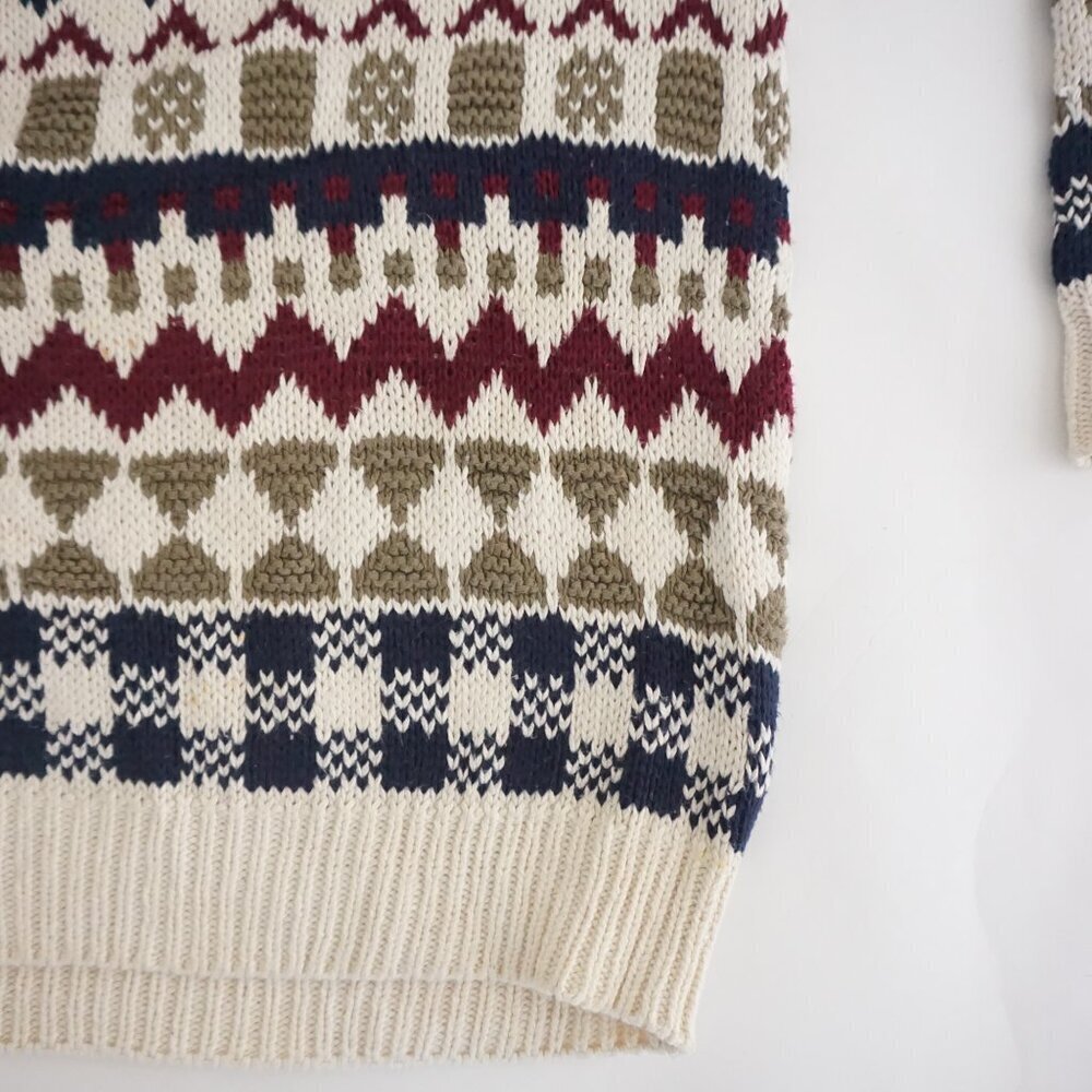 Vintage Adirondack beige navy cotton knit geometric sweater Cabincore Retro M - Picture 5 of 10